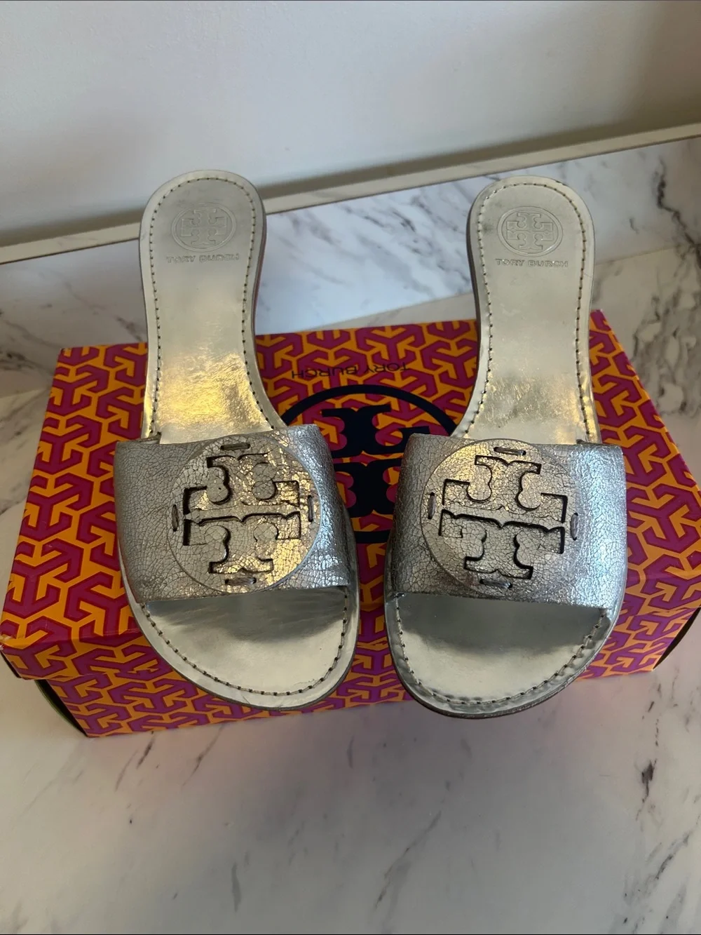 Tory Burch Metallic Silver Logo Mule Slides